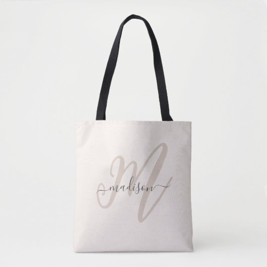 Tote Bag Boho Stylish Script Monogramme et nom en beige (Devant)