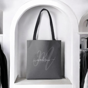Tote Bag Boho Stylish Script Monogramme et nom en gris