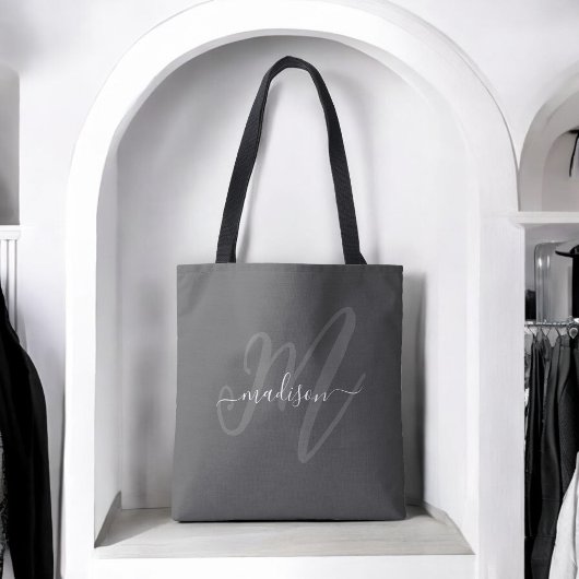Tote Bag Boho Stylish Script Monogramme et nom en gris