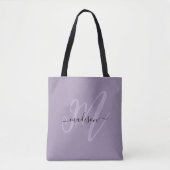 Tote Bag Boho Stylish Script Monogramme et nom en violet (Devant)