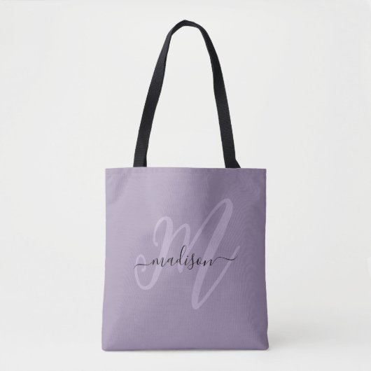 Tote Bag Boho Stylish Script Monogramme et nom en violet (Devant)