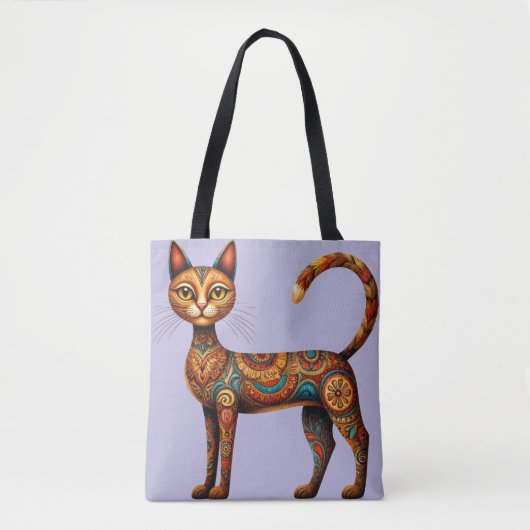 Tote Bag Boho Tribal Cat Cute Folk Art with Flowers (Devant)