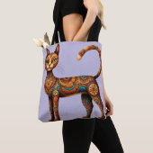 Tote Bag Boho Tribal Cat Cute Folk Art with Flowers (De près)