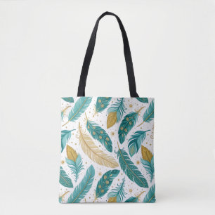 Tote Bag Boho Turquoise et or plumes