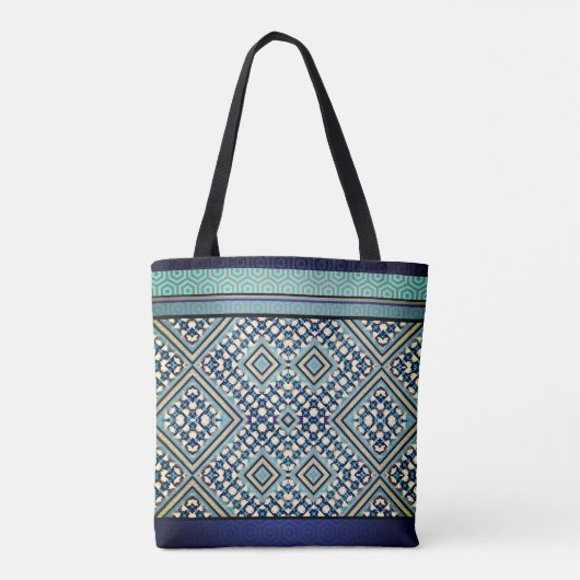 Tote Bag Boho Turquoise, Tan, Noir, Tribal Bleu (Dos)