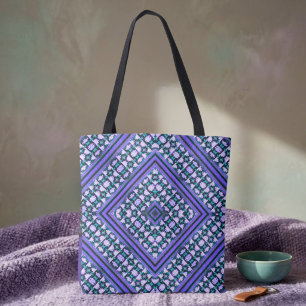 Tote Bag Boho Violet, Vert & Blanc Inspiré Tribal 