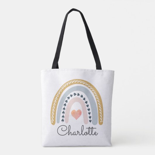 Tote Bag Boho Watercolor Rainbow Heart Name (Dos)
