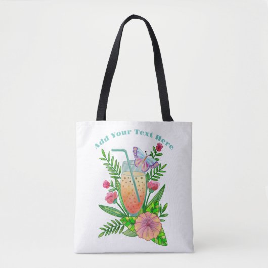 Tote Bag Boissons Colorées, Papillon et Fleurs (Devant)