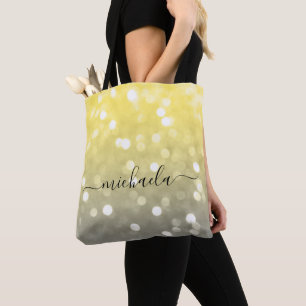 Tote Bag Bokeh jaune gris brillant Nom personnalisé