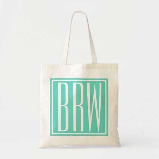 Tote Bag Bold Modern 3 Initials Monogram | White On Aqua (Devant)