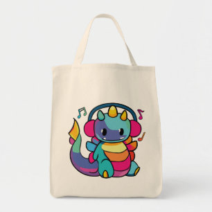Tote Bag Bon dragon avec écouteurs écoutant de la musique.