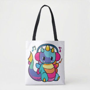 Tote Bag Bon dragon avec écouteurs écoutant de la musique.
