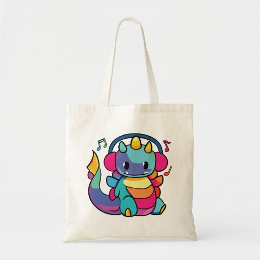 Tote Bag Bon dragon avec écouteurs écoutant de la musique. (Devant)