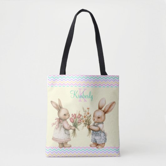 Tote Bag Bon Printemps ! Lapin Lapin Garçon Avec Fleurs (Devant)