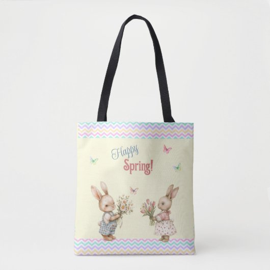 Tote Bag Bon Printemps ! Lapin Lapin Garçon Avec Fleurs (Devant)