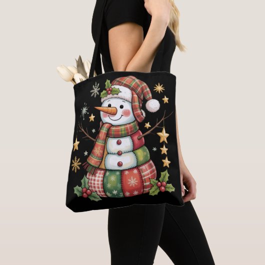 Tote Bag Bonhomme de neige en patchwork rétro Joyeux Noël C (De près)
