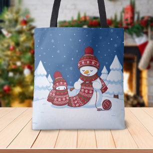 Tote Bag Bonhomme de neige tricotant une écharpe de Noël