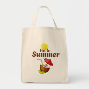 Tote Bag Bonjour Été Soleil Jaune Noix de Coco Parapluie Ro