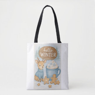 Tote Bag Bonjour l'hiver.Reinder douillet, cacao chaud, pai