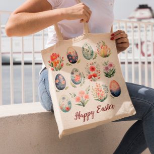 Tote Bag Bonjour Pâques coloré aquarelle Oeuf Monogramme