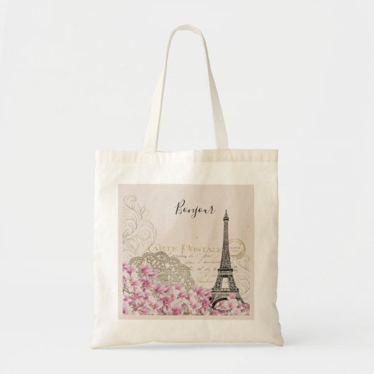 Tote Bag Bonjour Tour Eiffel Vintage & Fleurs Roses (Devant)