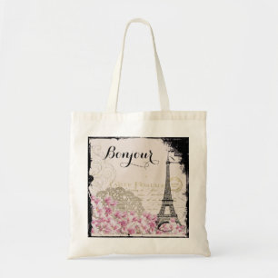 Tote Bag Bonjour Vintage Tour Eiffel Collage avec Fleurs
