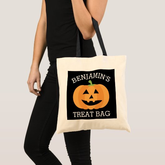 Tote Bag Bonne Halloween avec nom mignon Citrouille traitem (Devant (produit))