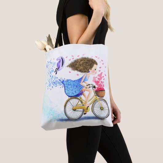 Tote Bag Bonne Jeune Fille Sur Un Vélo - Coeurs D'Amour Rom (De près)