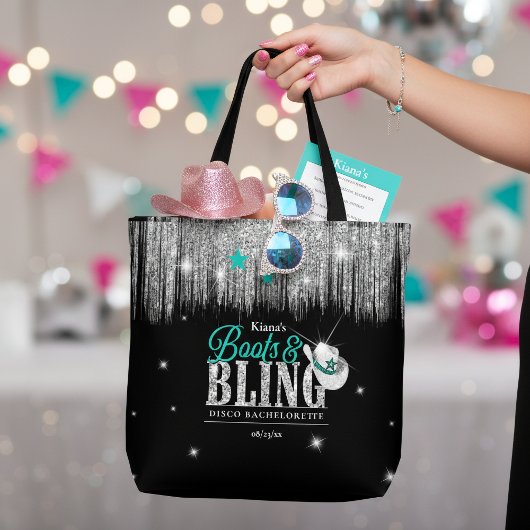 Tote Bag Boots 'n Bling Disco Bachelorette Teal ID925