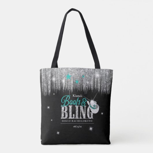 Tote Bag Boots 'n Bling Disco Bachelorette Turquoise ID925 (Dos)
