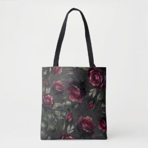 Tote Bag Bordeaux Red Roses Shadowy Grey Floral
