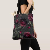 Tote Bag Bordeaux Red Roses Shadowy Grey Floral (De près)