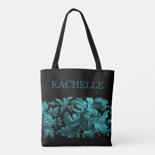 Tote Bag Bordure baroque turquoise et noire peinte avec nom (Dos)