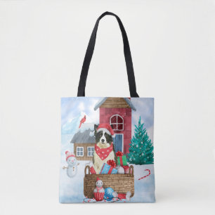 Tote Bag Bordure Collie Chien dans la neige Maison de Chien