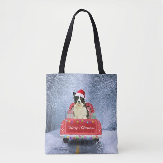 Tote Bag Bordure Collie Chien dans Neige assis à Noël (Devant)