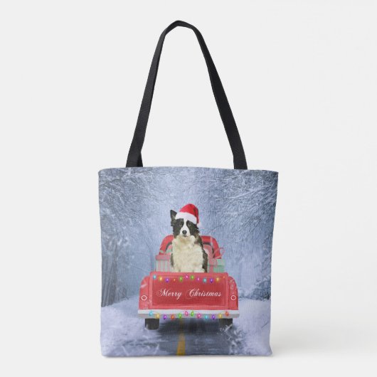 Tote Bag Bordure Collie Chien dans Neige assis à Noël (Dos)