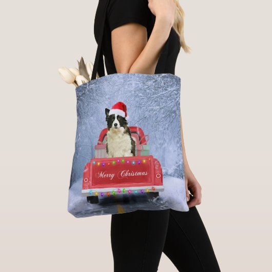 Tote Bag Bordure Collie Chien dans Neige assis à Noël (De près)