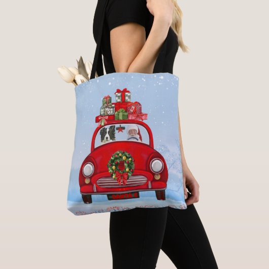 Tote Bag Bordure Collie Chien En Voiture Avec Le Père Noël (De près)