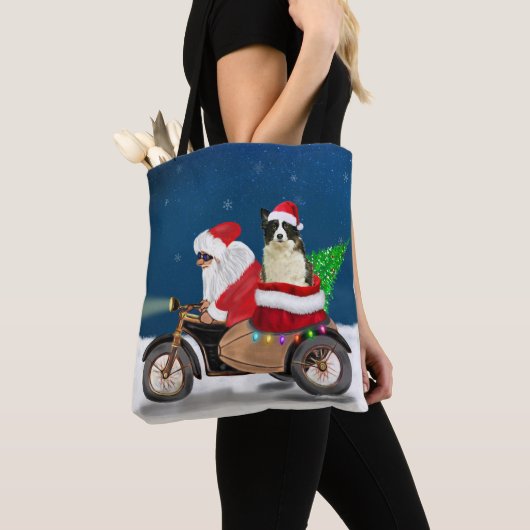 Tote Bag Bordure Collie Chien Noël Père Noël (De près)