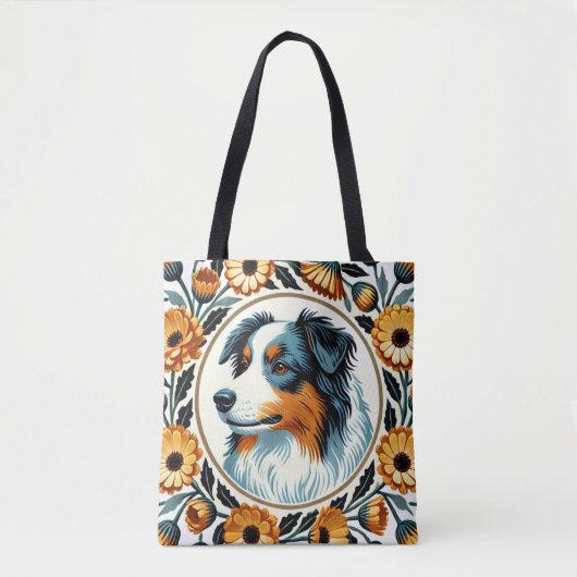Tote Bag Bordure Collie Jardin fleuri (Devant)