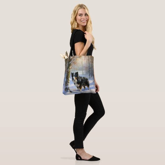 Tote Bag Bordure Collie Laisser neiger Noël (Sur le modèle)