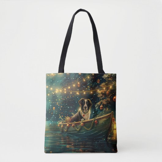 Tote Bag Bordure Collie Noël Festive Voyage (Devant)