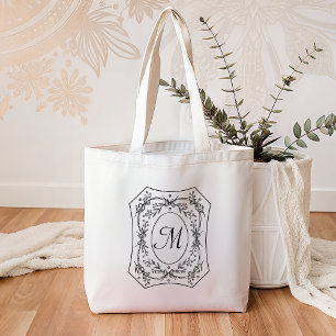 Tote Bag Bordure Florale Vintage Élégant Monogramme Personn