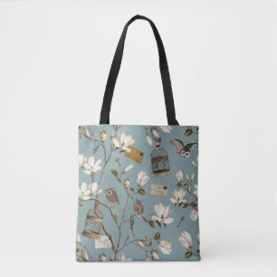 Tote Bag Bosquet de magnolias avec des hiboux en bleu œuf d
