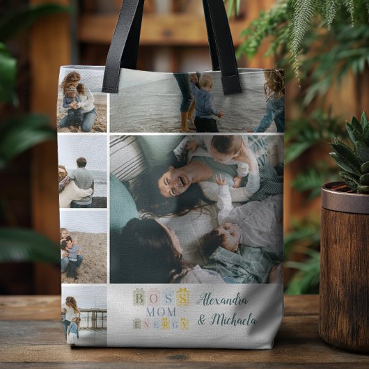 Tote Bag Boss Mom Energy Plaid Photo Collage