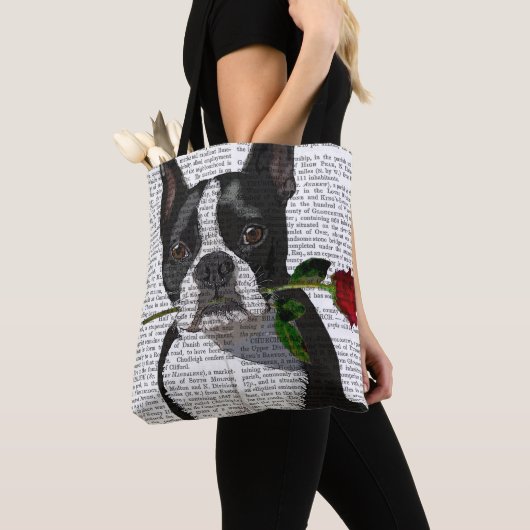 Tote Bag Boston Terrier avec Rose dans la bouche (De près)