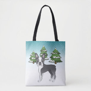 Tote Bag Boston Terrier bleu et blanc dans une forêt hivern