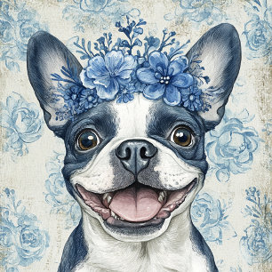Tote Bag Boston Terrier Chien Blue Floral