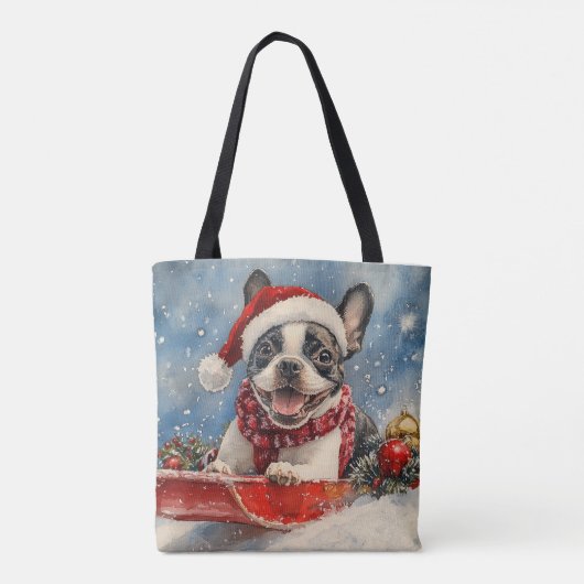 Tote Bag Boston Terrier Dog in Sledge Let it Neige Noël (Dos)