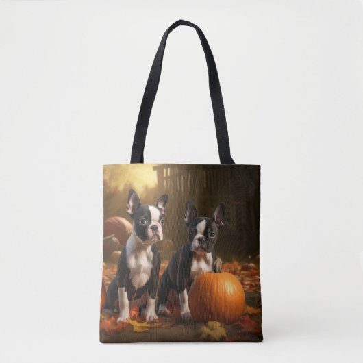 Tote Bag Boston Terrier Puppy Automne Citrouille de plaisir (Devant)